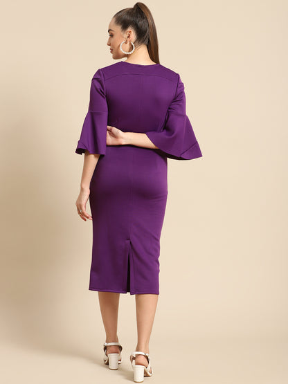 Elegant Purple Bodycon Midi Dress for Women with Flared Sleeves – Party & Office Wear