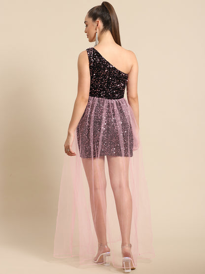 Stylish One Shoulder Sequin Black and Pink Net Dress for Women | Party Wear Gown