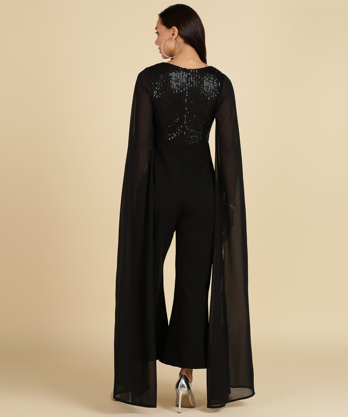 Black Sequin Glam Jumpsuit with Cape Sleeves – Party Night Ready