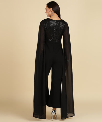 Black Sequin Glam Jumpsuit with Cape Sleeves – Party Night Ready