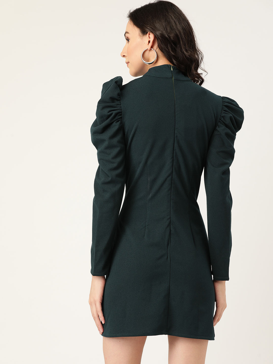 Dark Green High Neck Puff Sleeve Mini Dress