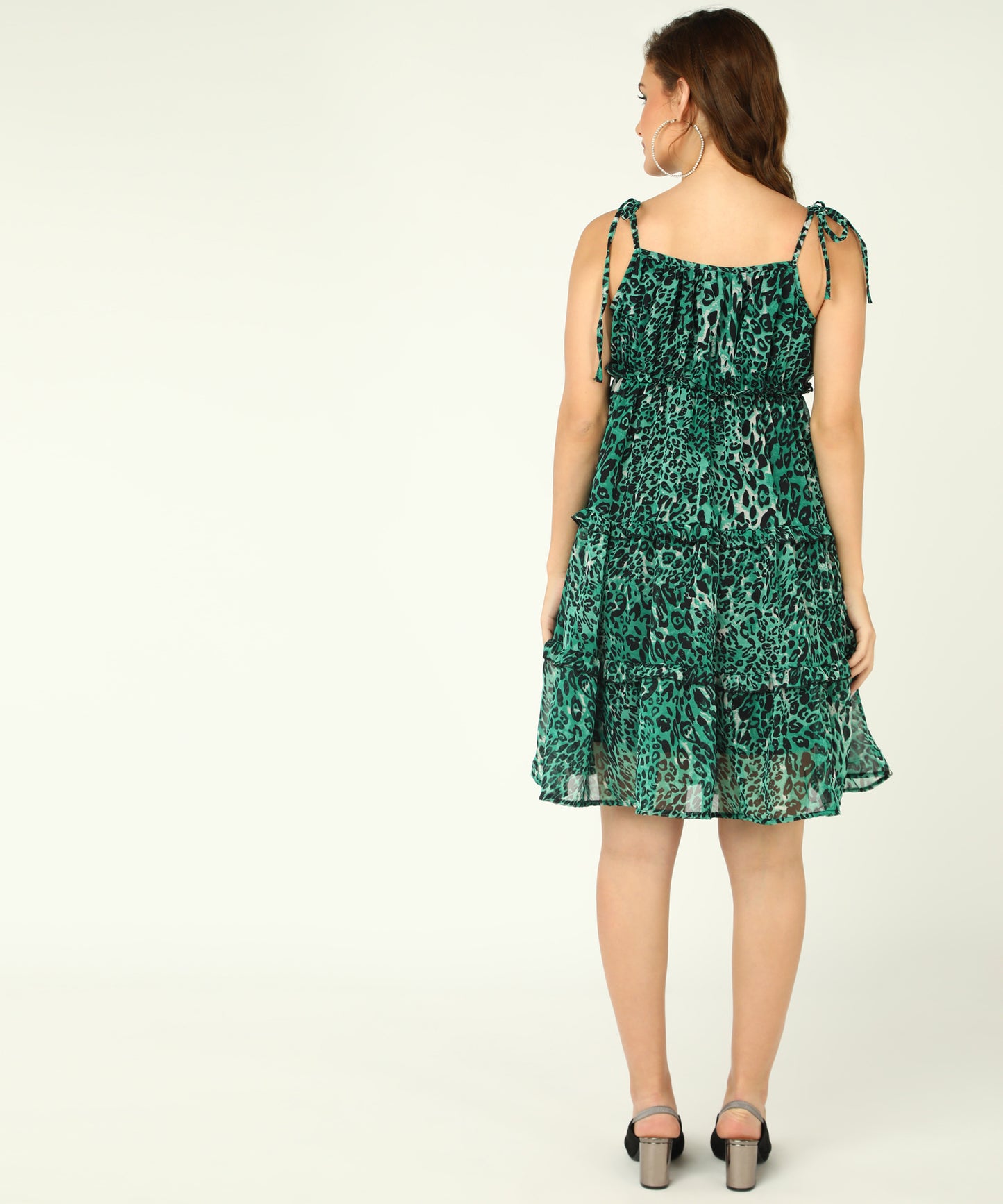 Green Leopard Print Tiered Mini Dress for Women with Sleeveless Design