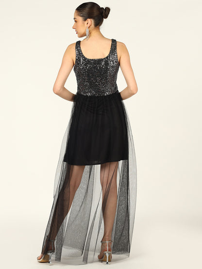 Black Sequin Mesh Overlay Dress | Elegant Evening Party Wear Dress for Women
