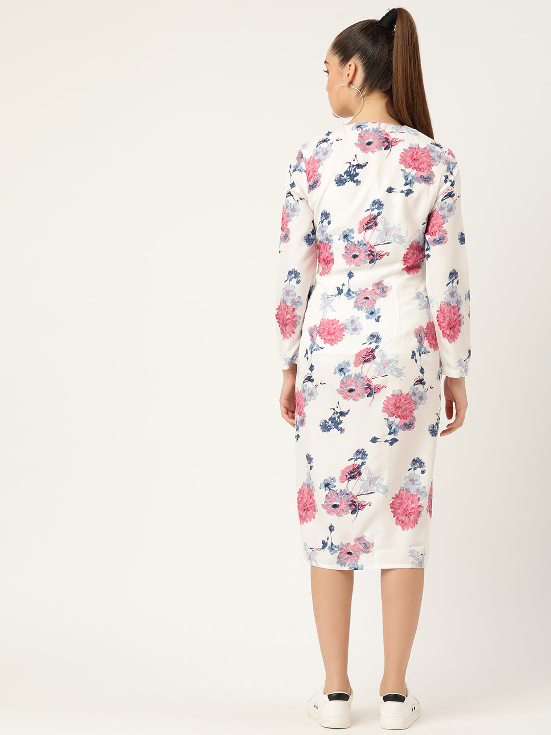 Elegant White Floral Midi Dress for Women with Front Slit – Long Sleeve Casual Chic Outfit