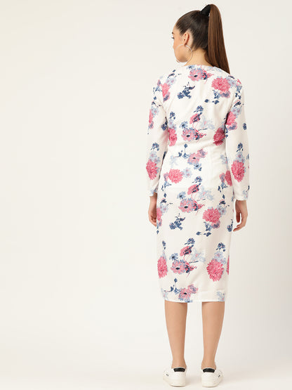 Elegant White Floral Midi Dress for Women with Front Slit – Long Sleeve Casual Chic Outfit