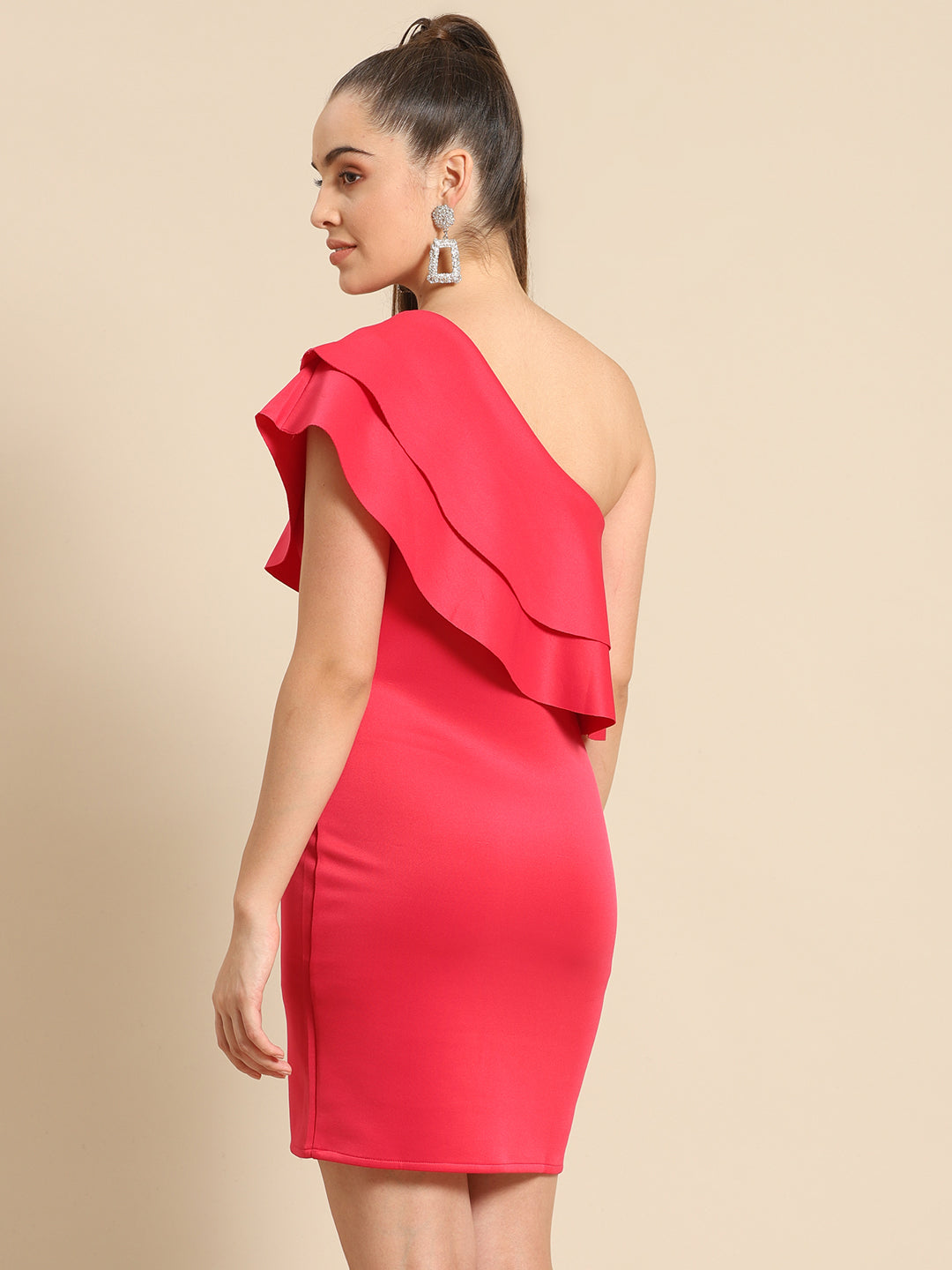 Hot Pink One-Shoulder Ruffle Mini Dress for Women – Stylish Bodycon Party Dress