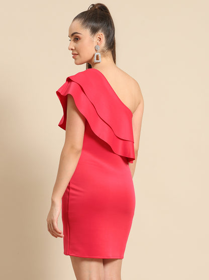 Hot Pink One-Shoulder Ruffle Mini Dress for Women – Stylish Bodycon Party Dress