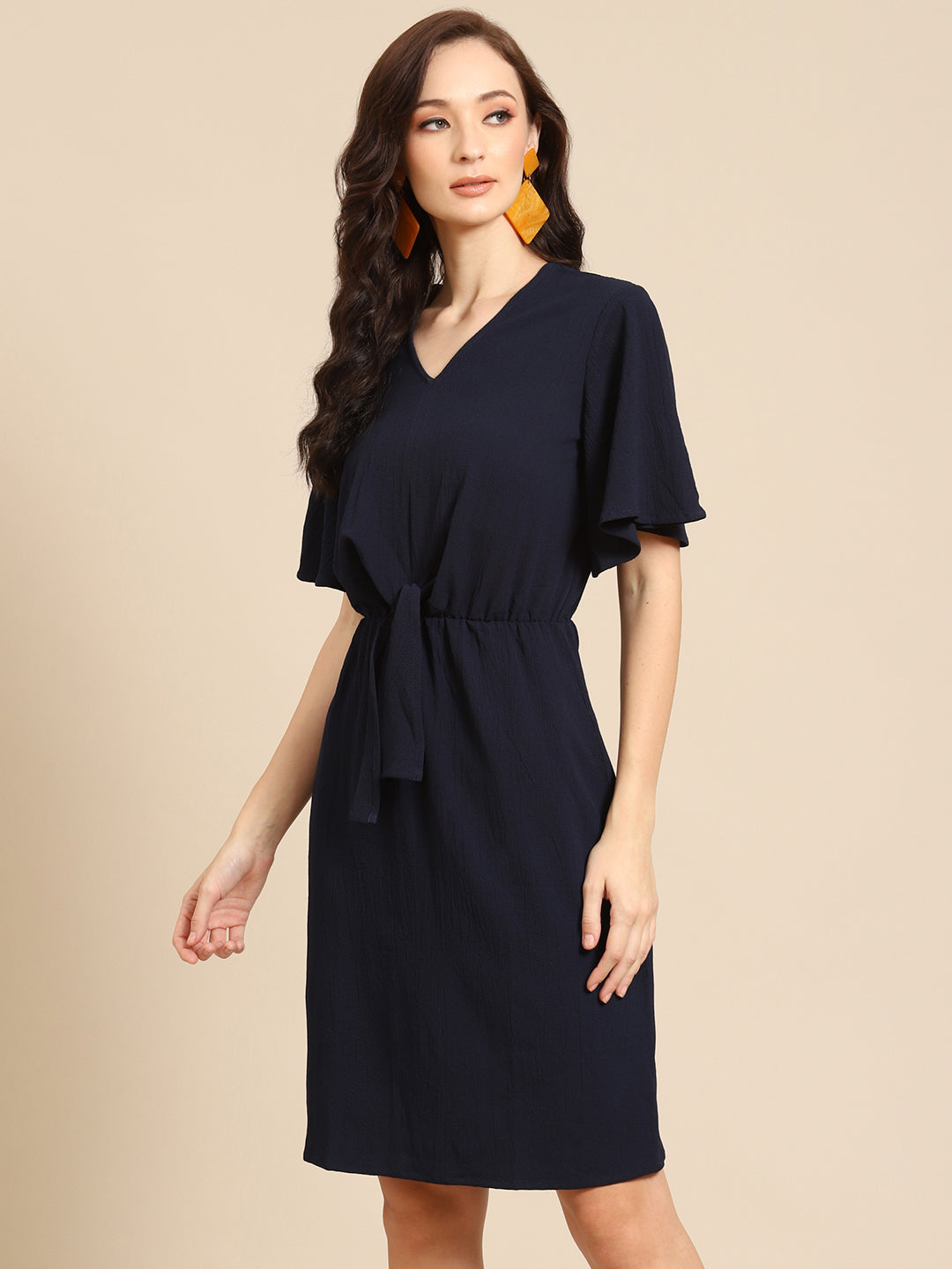Elegant Black Knee-Length Dress for Women | V-Neck Tie-Waist Casual Dress