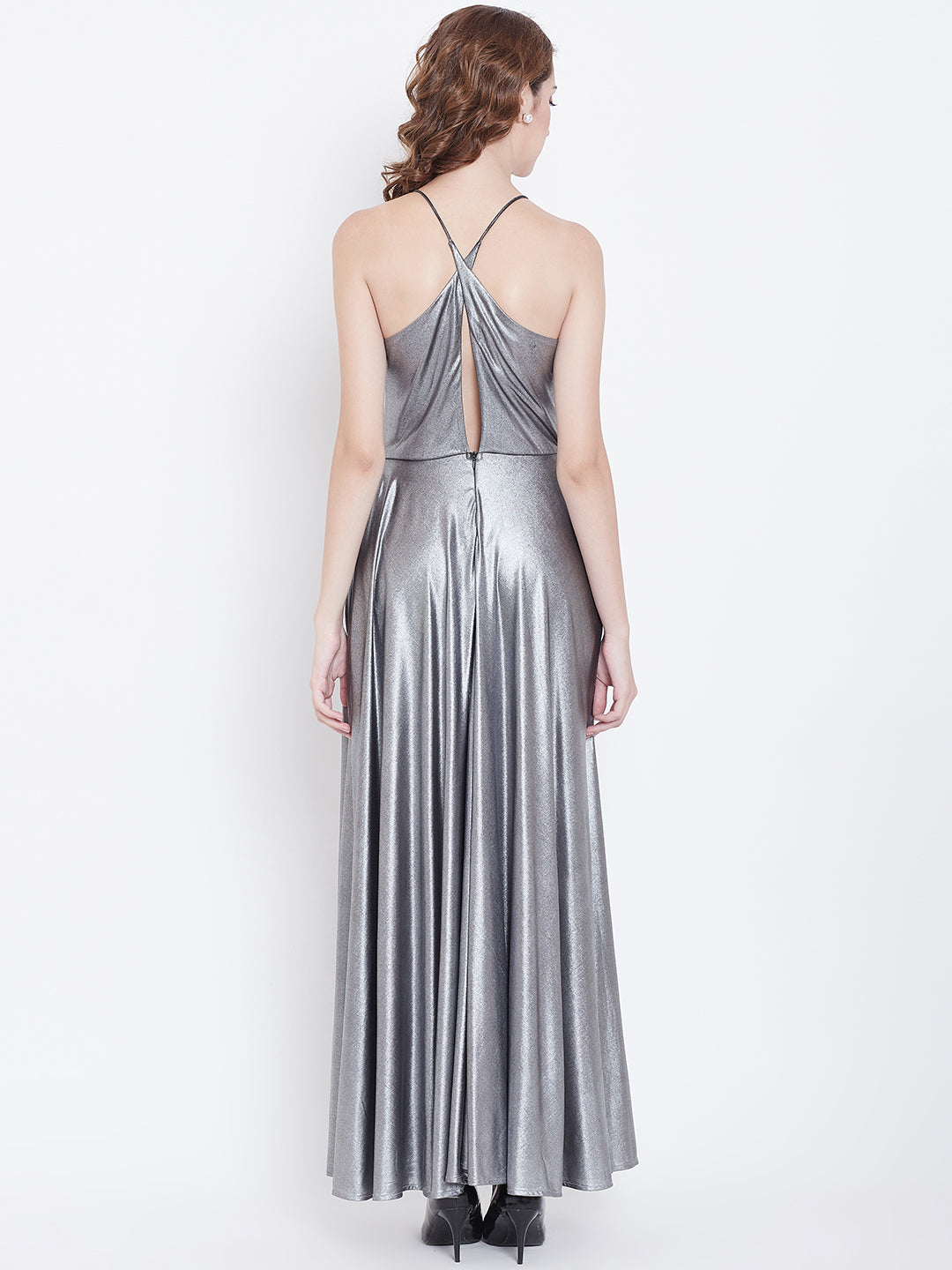 Silver Metallic Halter Neck Maxi Gown with Flared Dress
