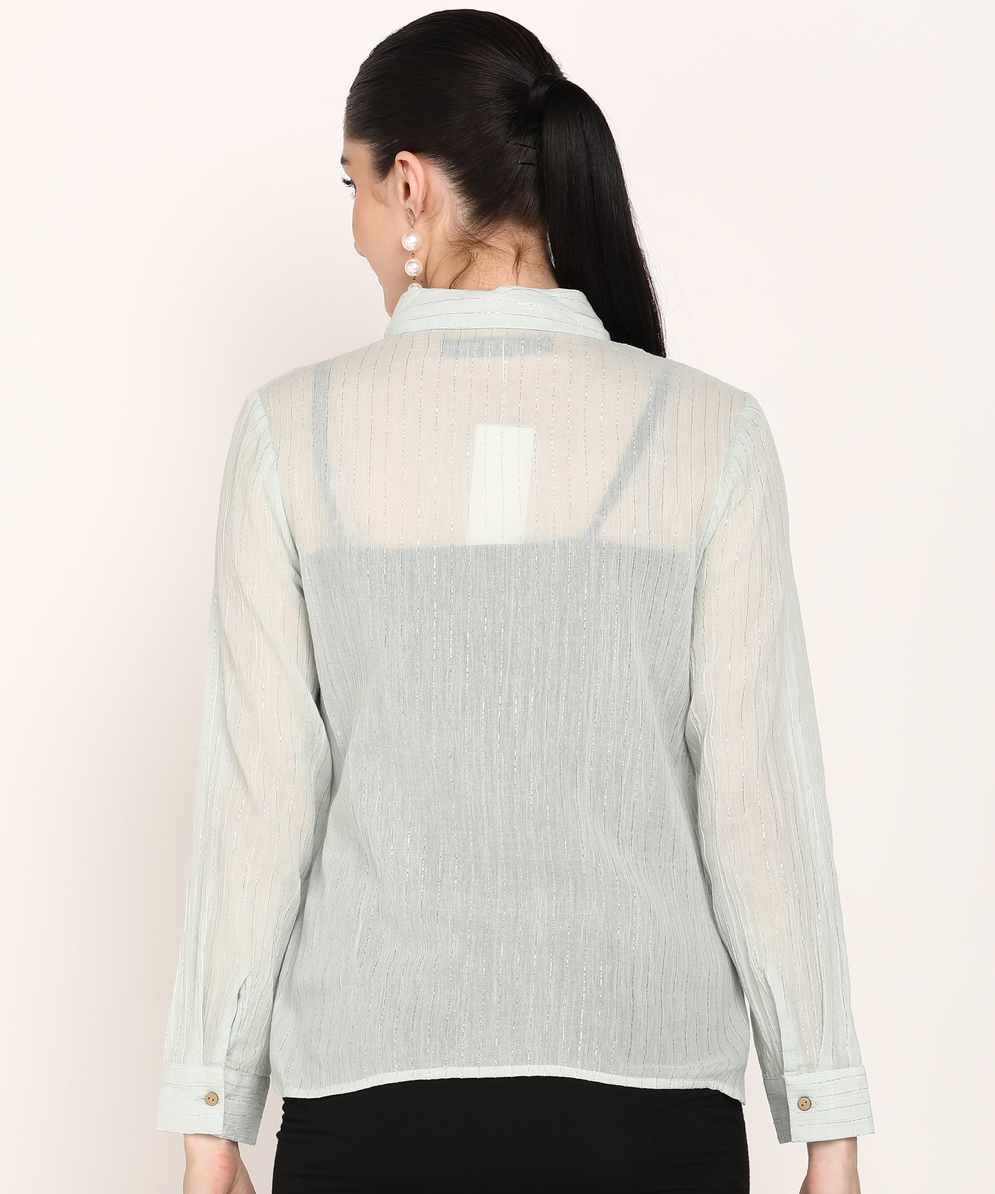 Women's White Sheer Stripe Shirt with Wooden Buttons
