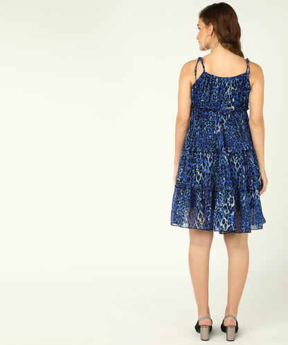 Blue Leopard Print A-Line Mini Dress for Women with Adjustable Straps