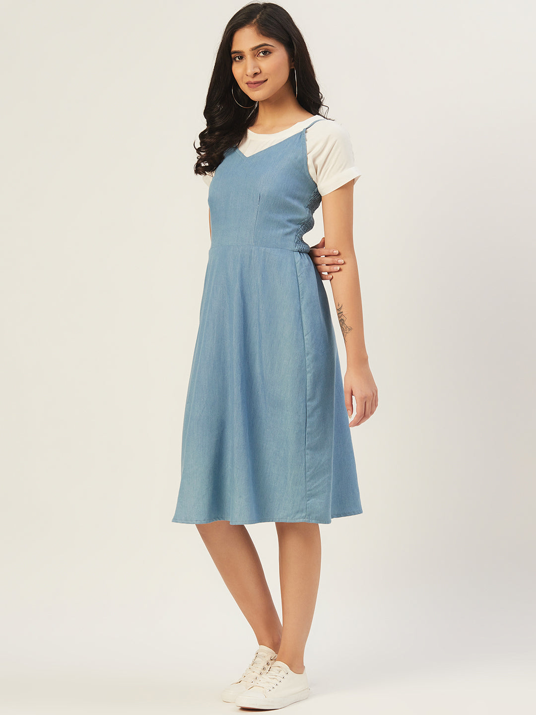 Blue Denim Pinafore Dress with White T-Shirt for Women – Casual Layered Midi Dress