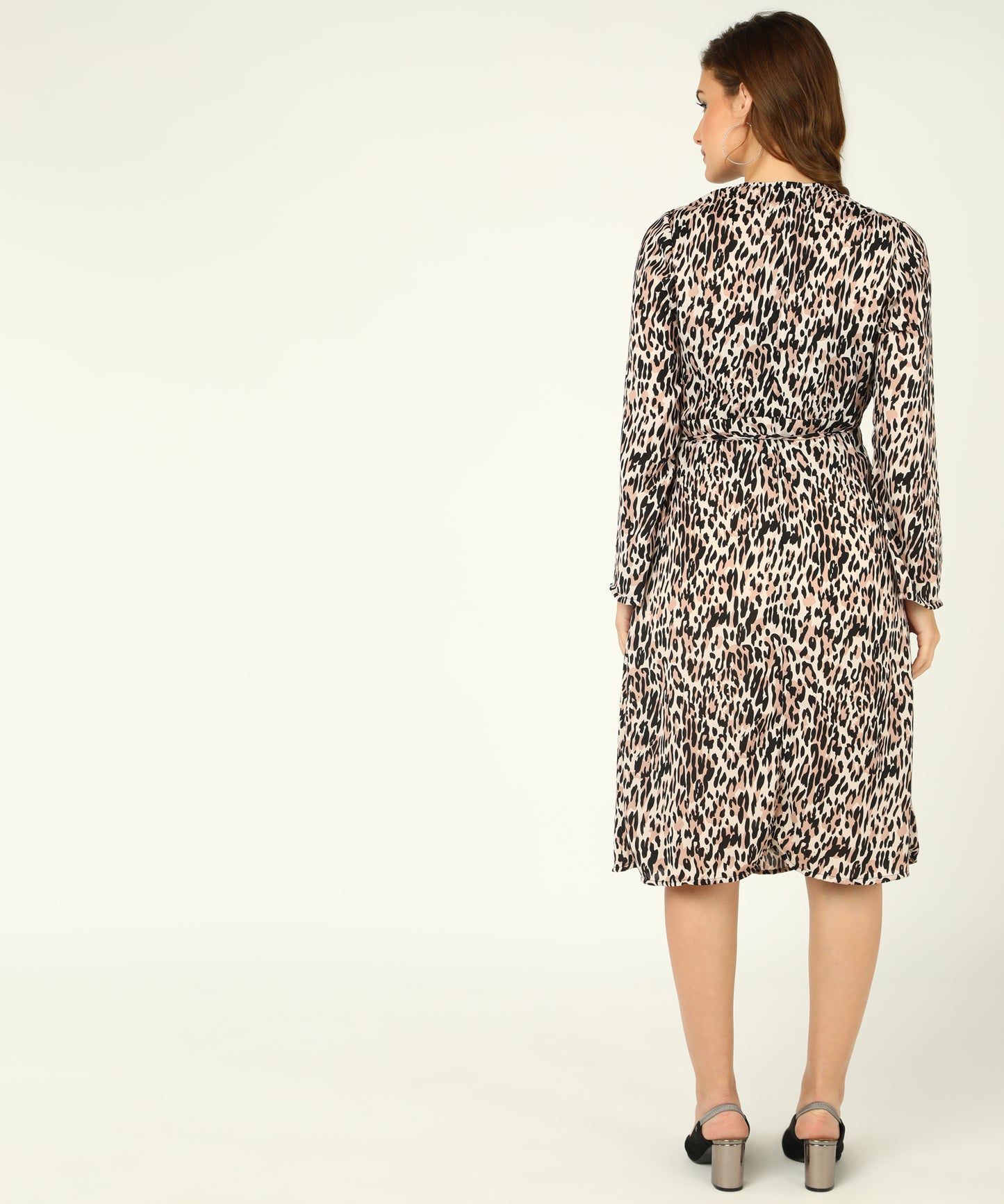 Beige Leopard Print Wrap Midi Dress with Long Sleeves for Women