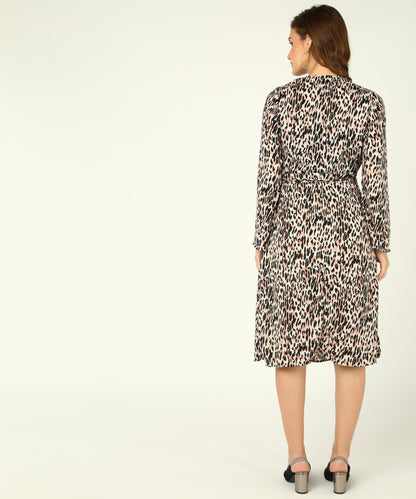 Beige Leopard Print Wrap Midi Dress with Long Sleeves for Women