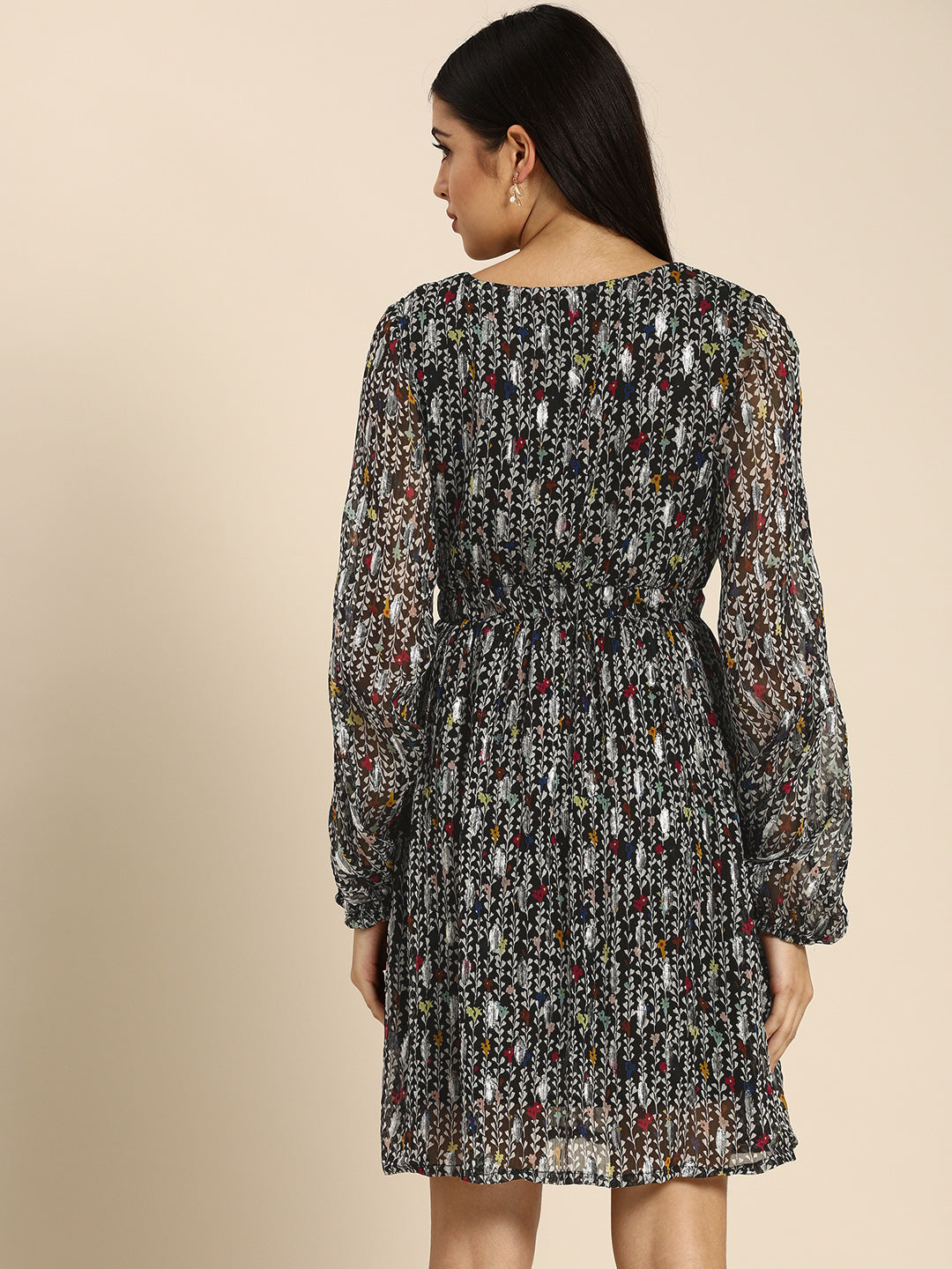 Black Floral Pleated Georgette Mini Dress with Sheer Sleeves