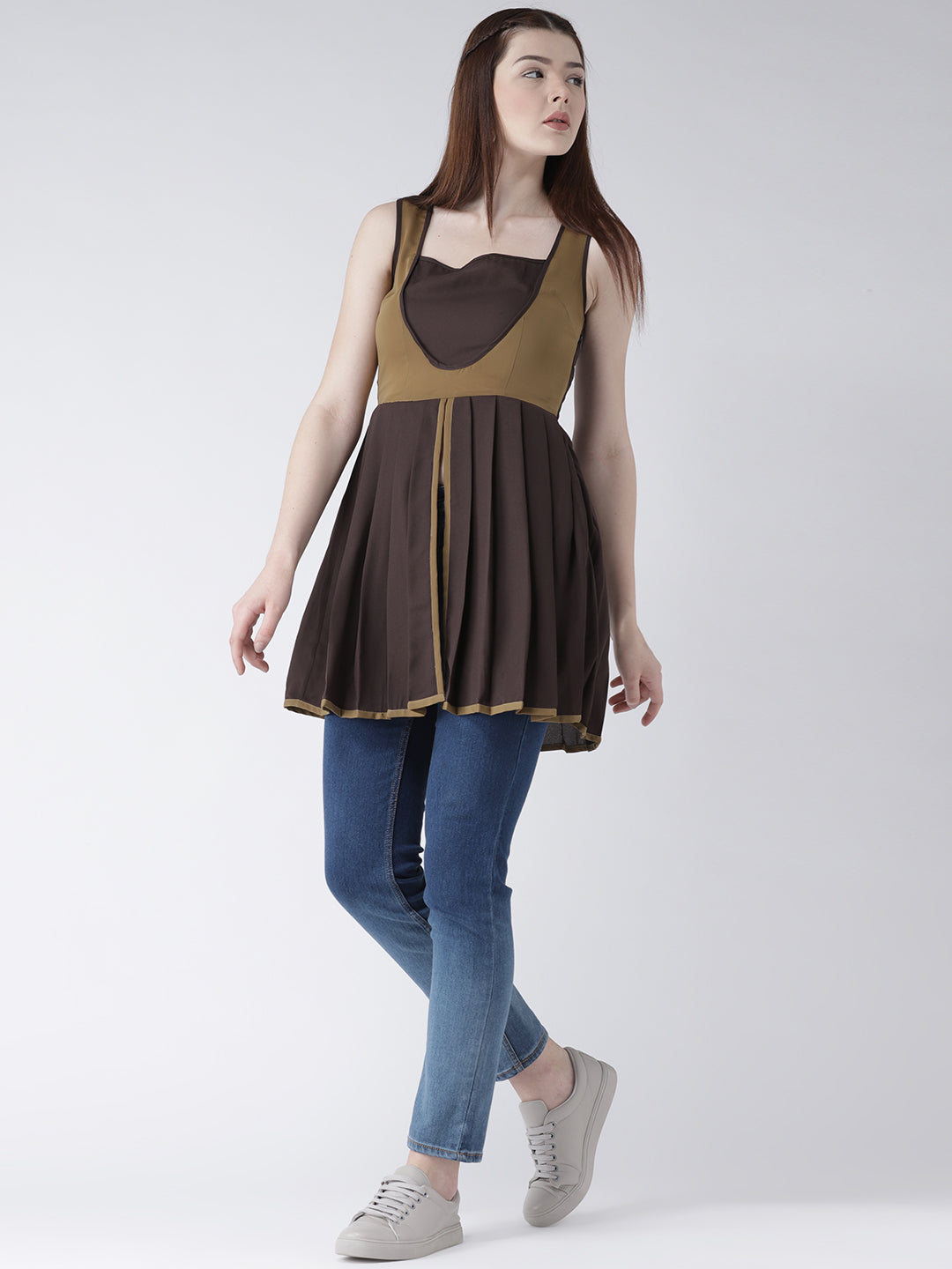 Women's Sleeveless Brown and Mustard Pleated Short Kurti for Casual Wear