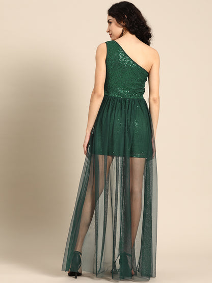 Emerald Green One-Shoulder Sequin Mesh Overlay Party Dress