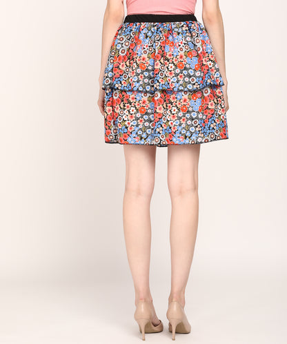 Women's Multicolor Floral Tiered Mini Skirt with Elastic Waistband
