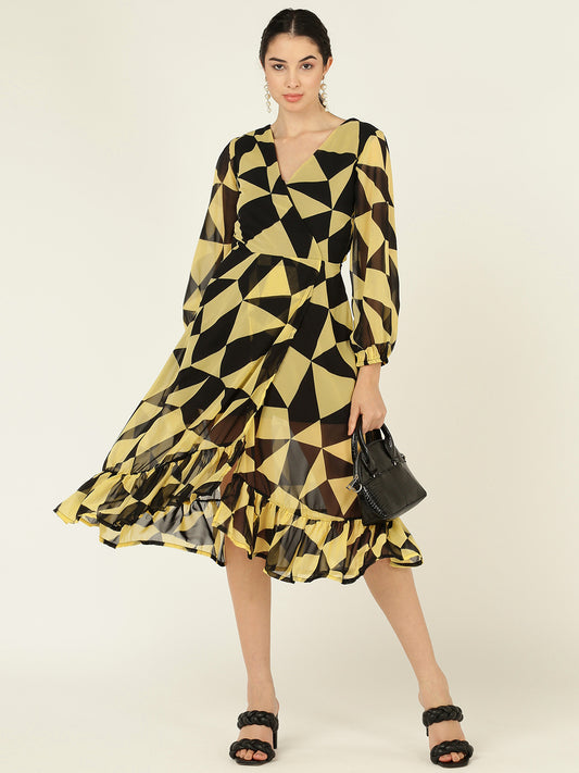 Geometric Print V-Neck Midi Dress with Ruffle Hem & Sheer Sleeves
