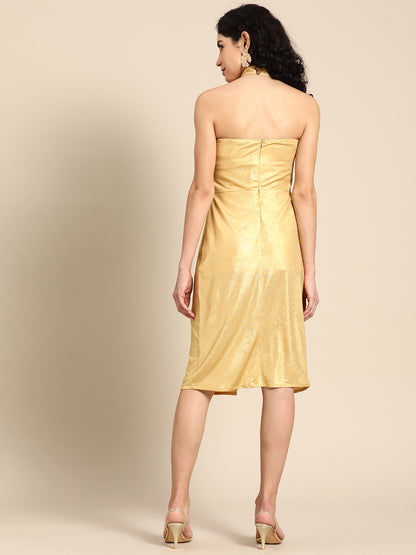 Women's Golden Sleeveless Bodycon Dress with Front and Side Slit