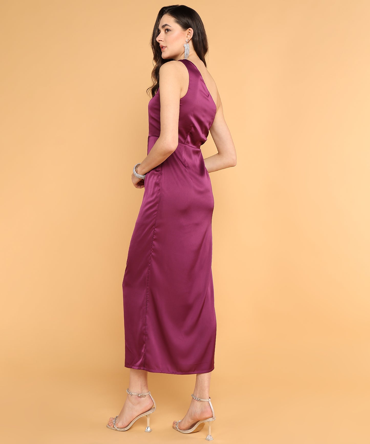 Wine One-Shoulder Satin Bodycon Midi Dress for Women