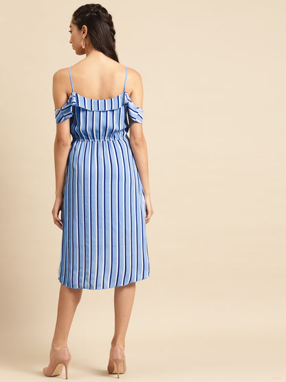 Women Cold Shoulder Blue Striped Wrap Midi Dress