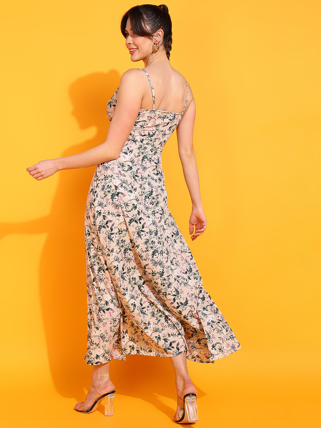 Floral Spaghetti Strap Maxi Dress for Women with Front Slit and V Neck
