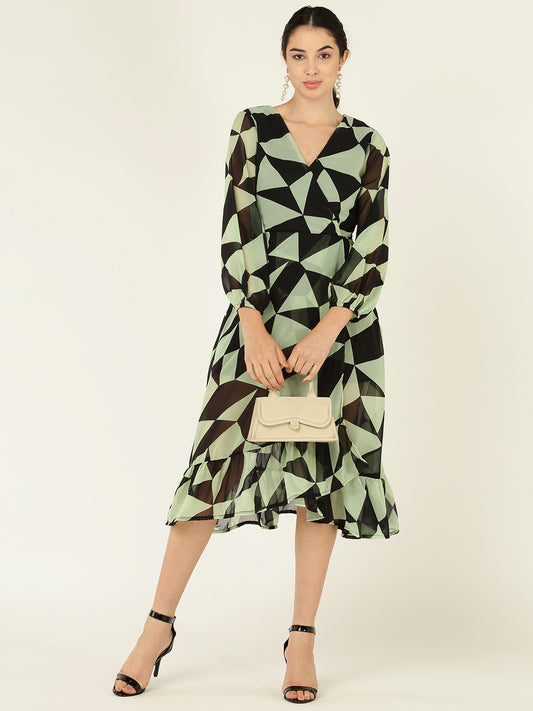 Geometric Print V-Neck Midi Dress with Ruffle Hem & Sheer Sleeves