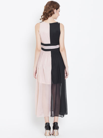 Sleeveless V-Neck Midi Dress in Black and Blush