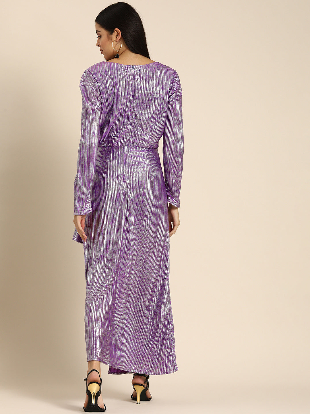 Purple Metallic Shimmer Maxi Dress with Long Sleeves & Front Slit Party Wear Glam