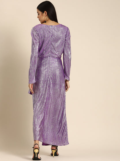 Purple Metallic Shimmer Maxi Dress with Long Sleeves & Front Slit Party Wear Glam