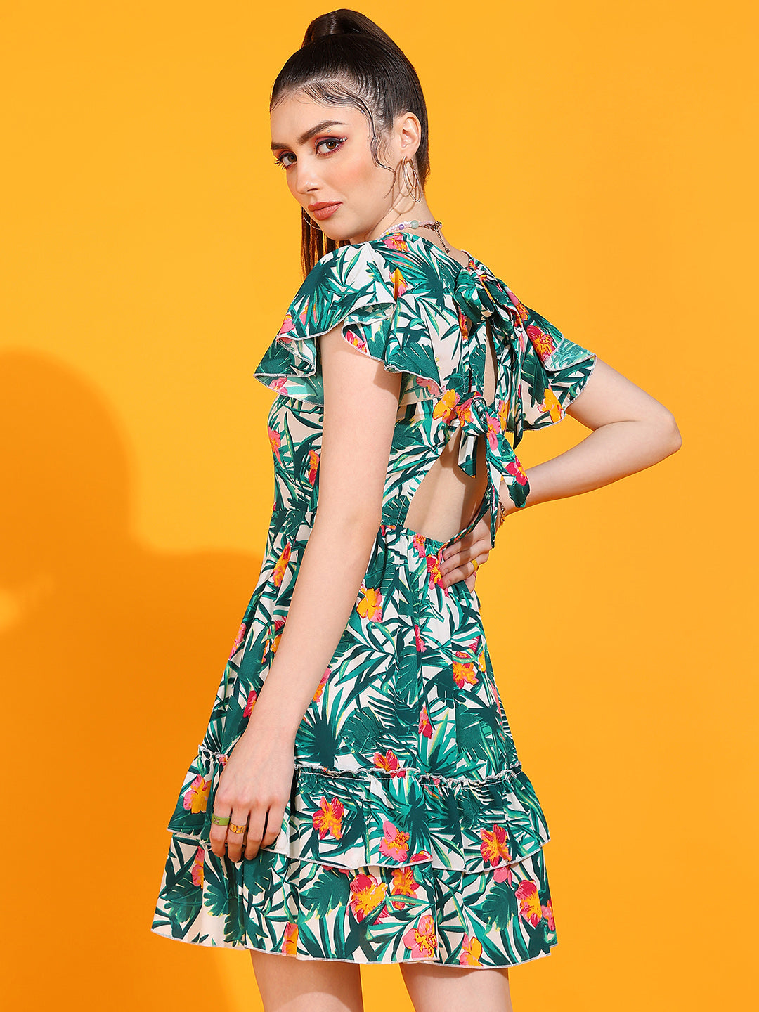 Women's Tropical Floral Printed Short Dress with Ruffle Sleeves and Tiered Hem