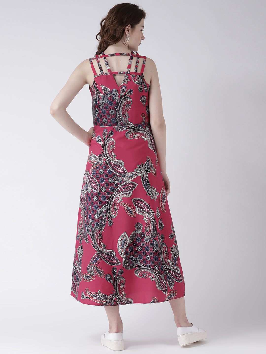 Women's Pink Paisley Print Sleeveless V-Neck Midi Dress