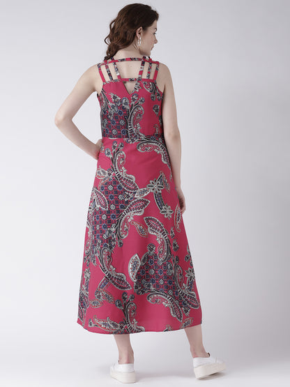 Women's Pink Paisley Print Sleeveless V-Neck Midi Dress