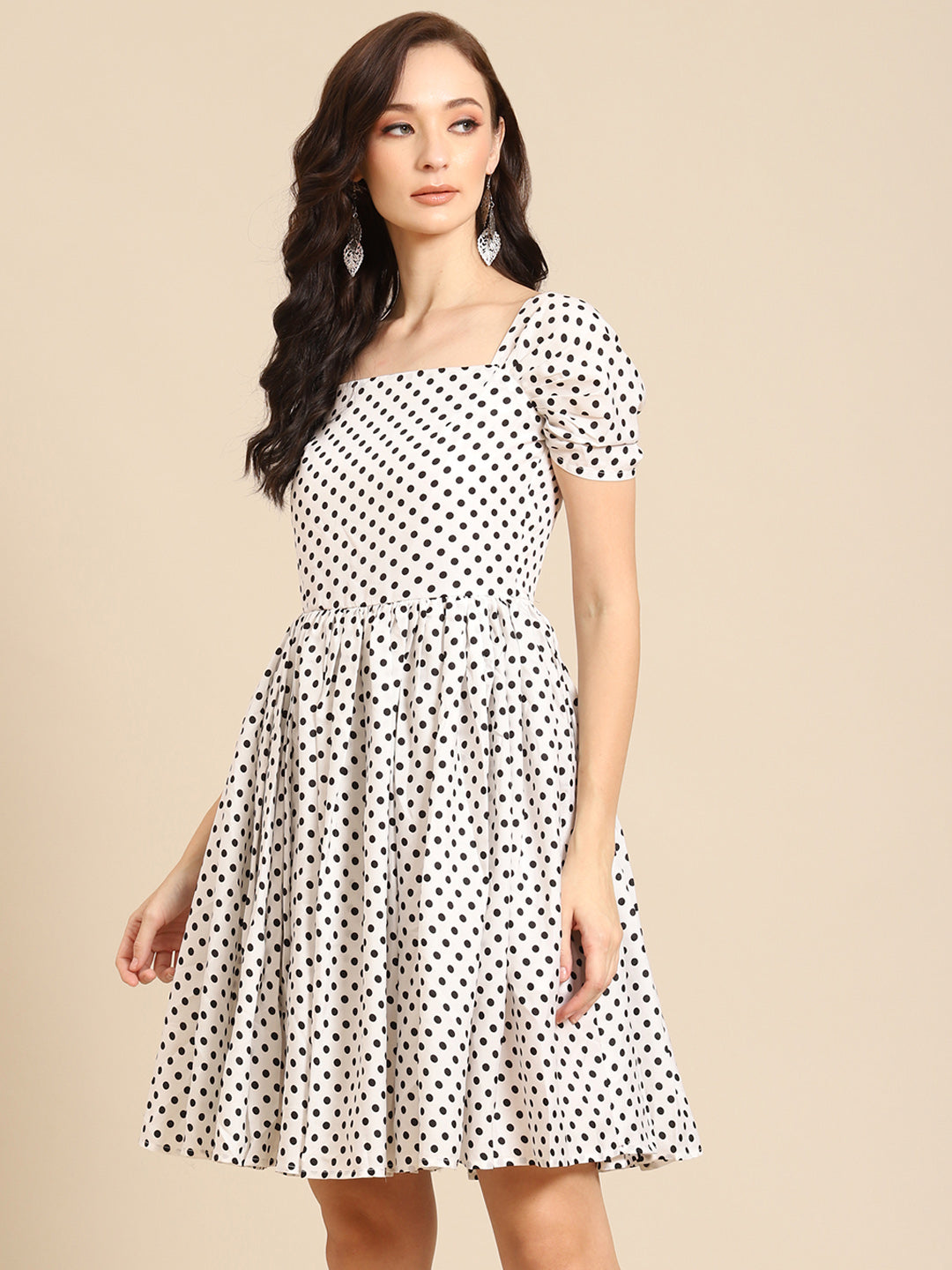 Vintage-Inspired Polka Dot Fit & Flare Dress for Women | Puff Sleeve Square Neck Dress