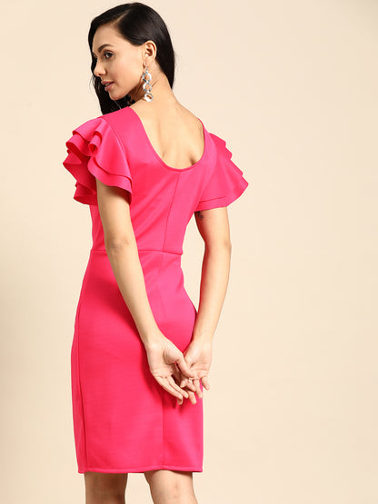 Fuchsia Pink Bodycon Dress for Women with Ruffle Sleeves – Elegant Western Wear for Parties & Events