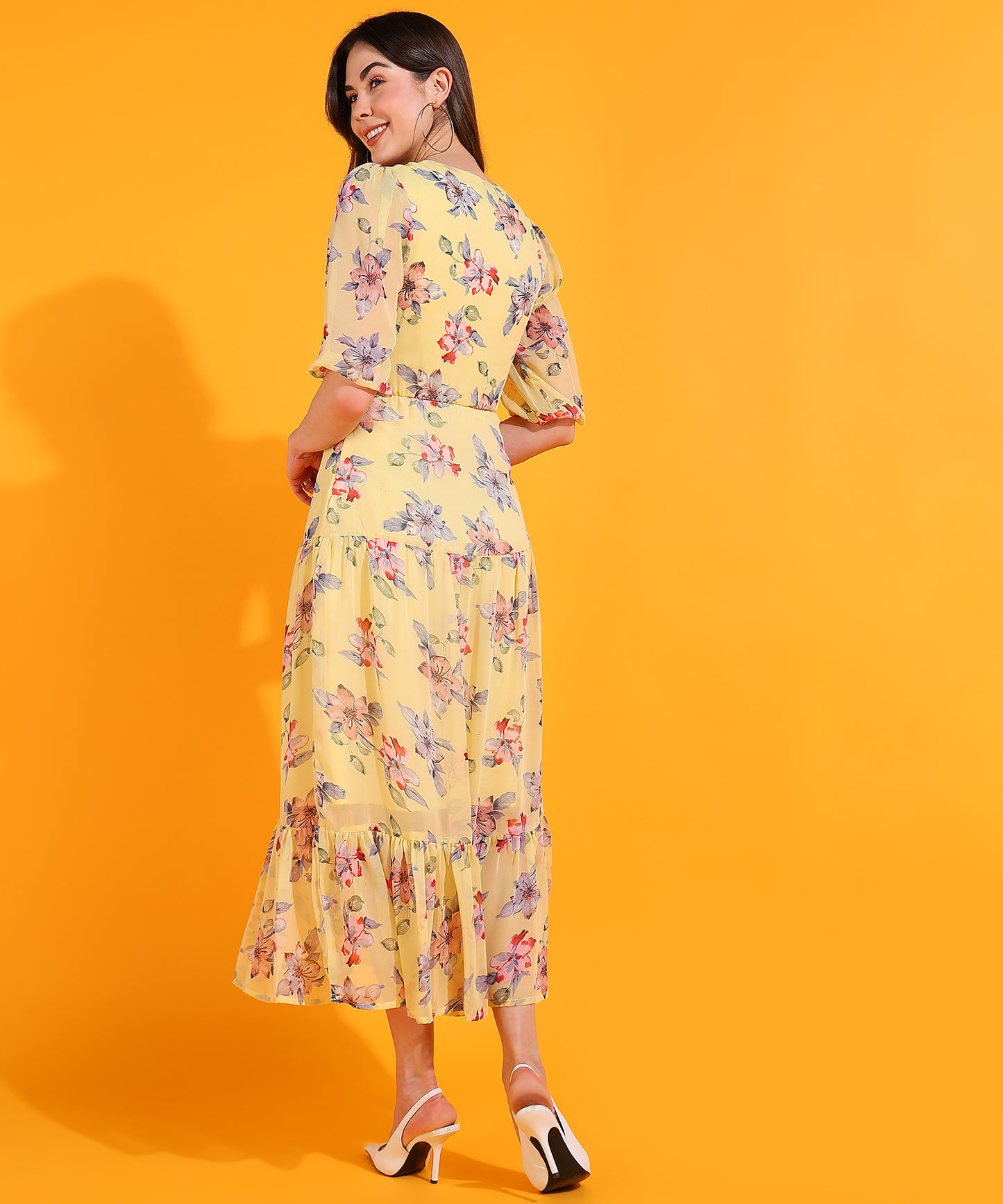 Yellow Floral Cut-Out Midi Dress with Puff Sleeves – Trendy Summer Dress for Women