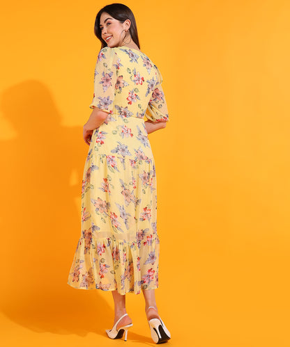 Yellow Floral Cut-Out Midi Dress with Puff Sleeves – Trendy Summer Dress for Women