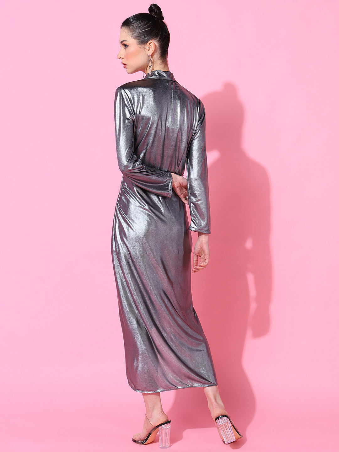 Metallic Silver Wrap Dress for Women | Party & Evening Wear