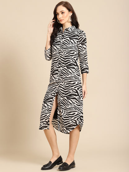 Women’s Black & White Zebra Print Shirt Dress – Button Down Midi Dress