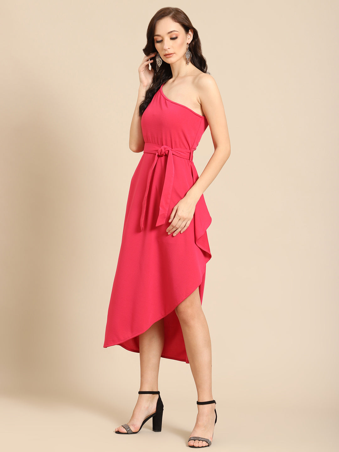 Elegant One-Shoulder Pink Midi Dress with Waist Tie – Perfect for Parties & Events