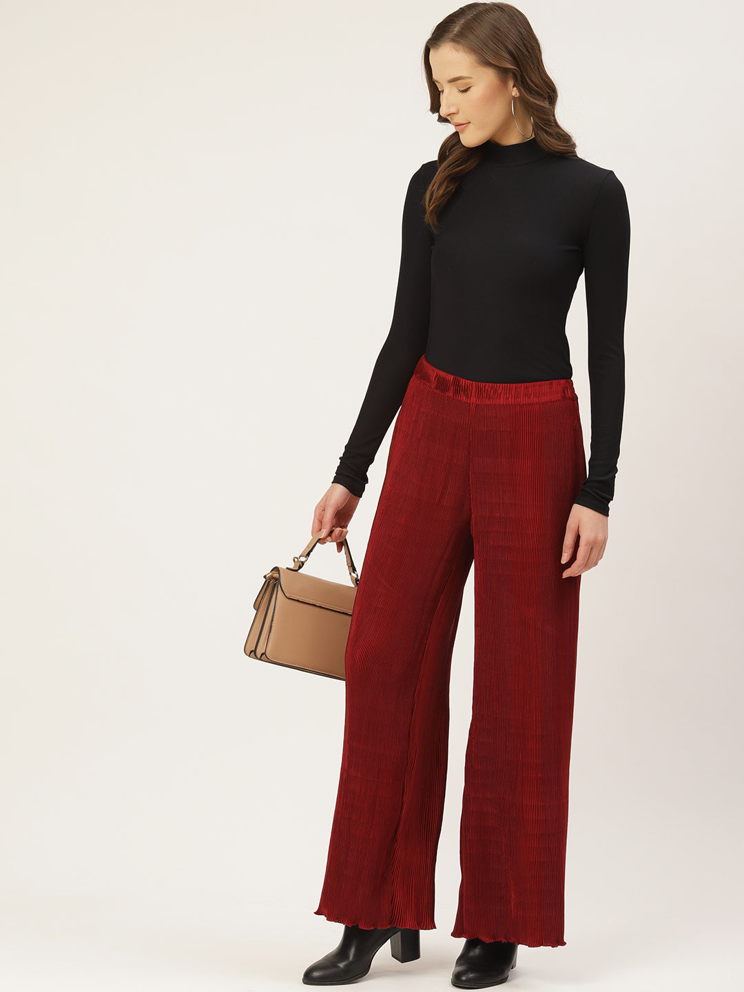 Maroon Pleated Wide Leg Palazzo Pants for Women – High Waist Trendy Party & Casual Wear