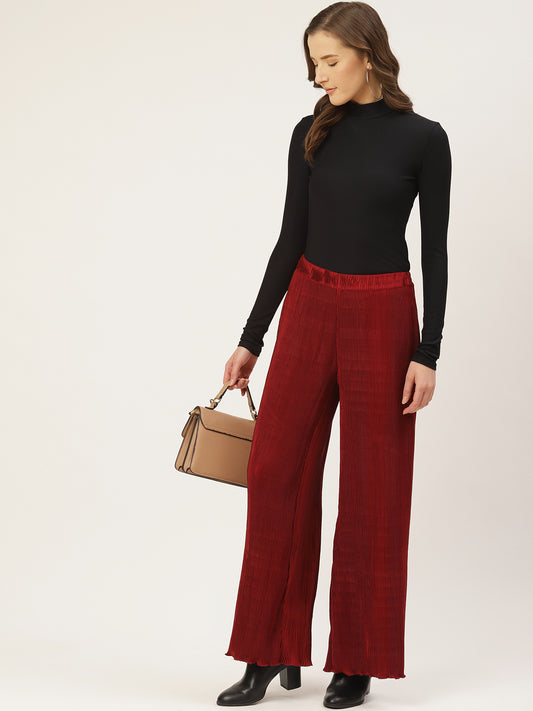 Maroon Pleated Wide Leg Palazzo Pants for Women – High Waist Trendy Party & Casual Wear