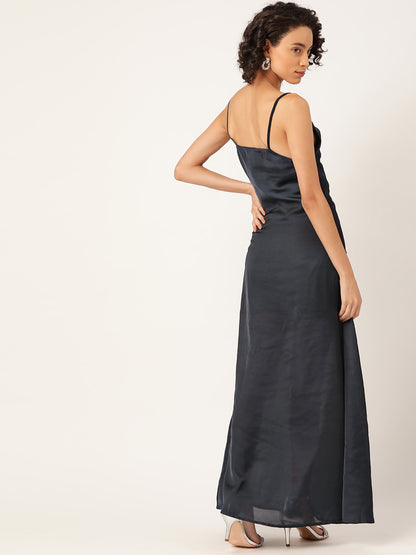 Elegant Black Satin Maxi Dress with Spaghetti Straps for Women