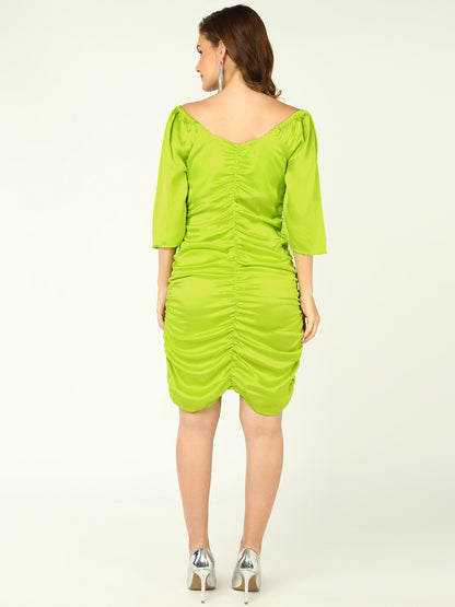 Lime Green Off-Shoulder Ruched Bodycon Dress with Bell Sleeves