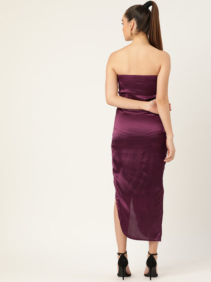 Women Maroon Satin Strapless Dress with Sweetheart Neck and High Slit