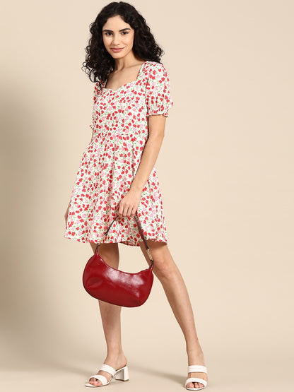 Floral Print Fit and Flare Mini Dress with Puff Sleeves