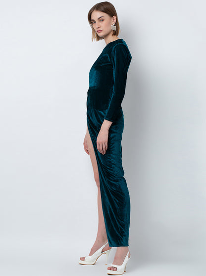 Teal Velvet Wrap Dress with High Slit and Long Sleeves