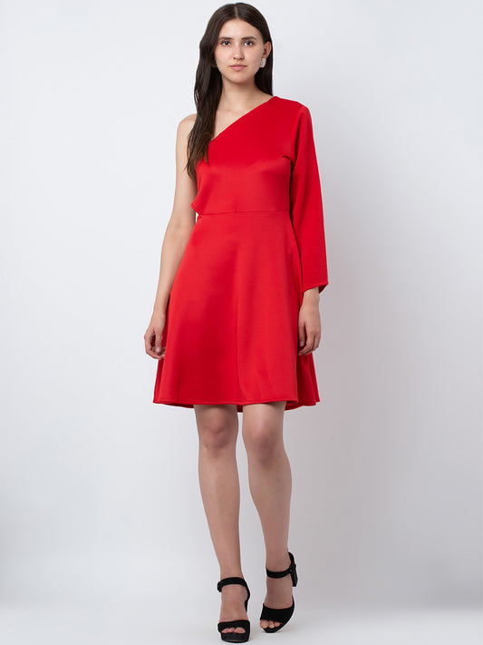 Red One Shoulder Flared Mini Dress for Women