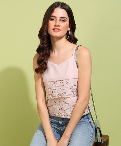 Women's Light Pink Sleeveless Lace Detail Top with Spaghetti Straps